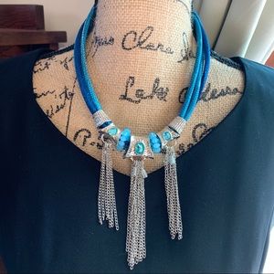 Taramanda Blue Tassel Chain Necklace & Earrings
